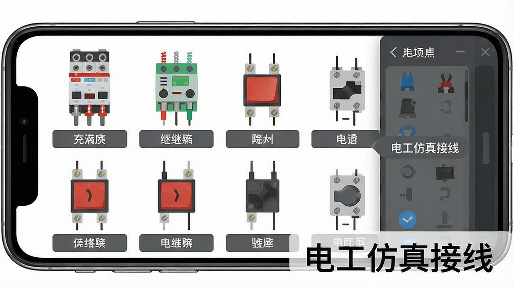 一张展示电工仿真接线元件库的预览图,画面主体为手机屏幕中展开的元件选择面板,面板内排列着交流接触器、热继电器、按钮开关等图标,布局为左侧画布右侧面板,排版清晰,风格为扁平化工具类界面,细节包括每个元件的名称标签与接线端子示意,画质高清干净无多余元素,画面中带有文字“电工仿真接线”