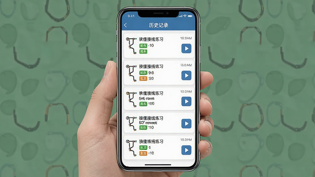 一张展示电工仿真接线练习记录界面的预览图,画面主体为手机屏幕中显示的历史记录列表,列表内包含多个接线练习条目与时间戳,布局为纵向列表排版,风格为简洁工具类界面,细节包括每个条目的状态标签与回放按钮,画质高清干净无多余元素