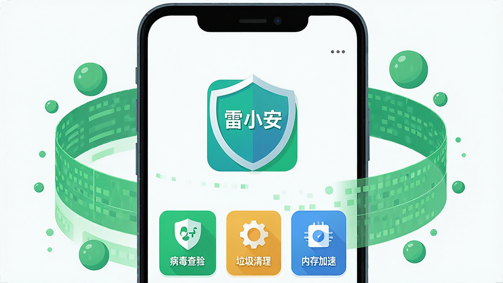 主体为一部安卓手机屏幕,屏幕中央显示“雷小安”App的盾牌形安全图标和主界面,布局采用居中构图,手机两侧环绕着绿色的数据流和气泡元素,排版以手机为视觉核心,风格为现代科技感扁平插画,细节包括界面上的病毒查杀、垃圾清理、内存加速等功能模块图标清晰可见,画质高清,画面干净,无多余元素