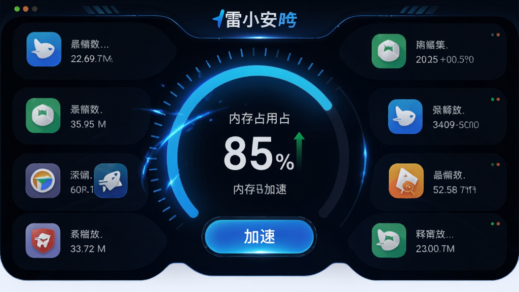 主体为雷小安App的内存加速界面,布局采用仪表盘样式,中央显示内存占用百分比和加速按钮,四周分布着正在运行的应用图标,排版以仪表盘为中心,风格为动感科技风,细节包括蓝色的加速光效、应用图标和释放内存的数值变化,画质高清,画面干净,无多余元素