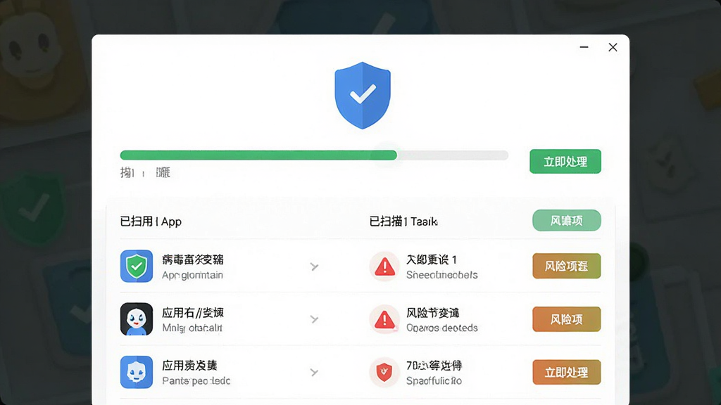 主体为雷小安App的病毒查杀界面,布局采用上下结构,上方显示扫描进度条和盾牌图标,下方列出已扫描的应用列表和风险项,排版清晰有序,风格为简洁的扁平化UI设计,细节包括绿色的安全标识、红色的风险提示以及“立即处理”按钮,画质高清,画面干净,无多余元素