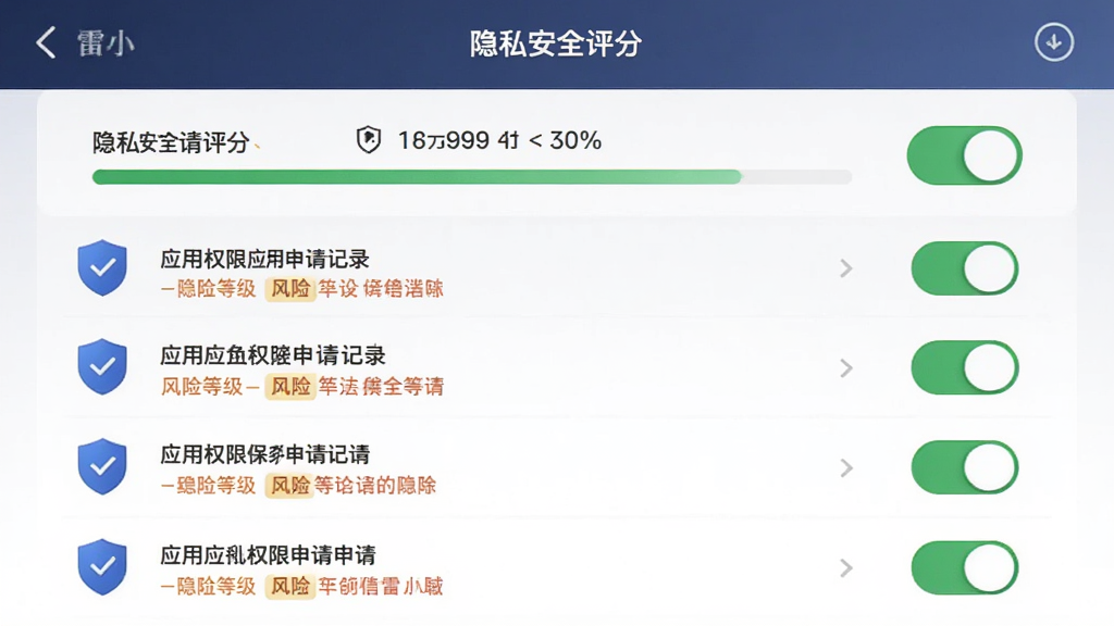 主体为雷小安App的隐私保护界面,布局采用列表形式,上方显示隐私安全评分,下方逐条列出应用权限申请记录,排版整齐规范,风格为专业稳重的商务风,细节包括权限开关按钮、风险等级标签和隐私盾牌图标,画质高清,画面干净,无多余元素