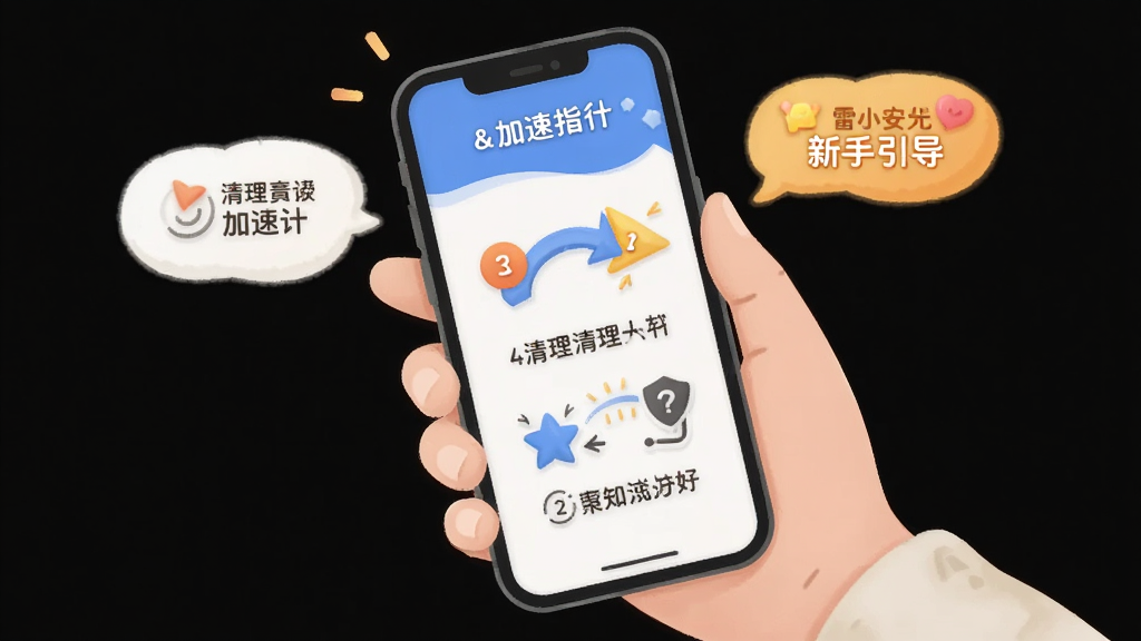 主体为雷小安App的新手引导界面,布局采用分步图示,画面中一只手拿着手机,屏幕上显示清理和加速的操作指引箭头,排版以手机和手部动作为核心,风格为友好亲切的插画风,细节包括清晰的步骤编号、简洁的文字说明和温馨的提示气泡,画质高清,画面干净,无多余元素