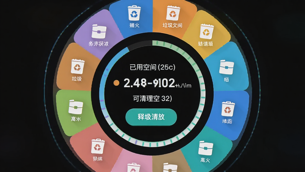 主体为雷小安App的垃圾清理界面,布局采用环形存储展示图,中心显示已用空间和可清理空间的大小,周围环绕着各类垃圾文件的分类图标,排版以环形图为核心,风格为清新简约的科技风,细节包括不同颜色的分类标识、清理按钮和释放空间的数字提示,画质高清,画面干净,无多余元素