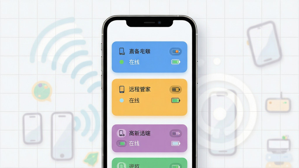 免费手机监控远程管家软件多设备管理界面图,画面中心为手机屏幕,屏幕内显示设备分组卡片,每张卡片包含设备名称、在线状态圆点、电量图标,卡片按颜色分组排列,背景为浅色网格,布局为居中展示,风格为简约商务插画,细节包含柔和阴影、统一图标风格、清晰文字层级,画质干净,无多余元素