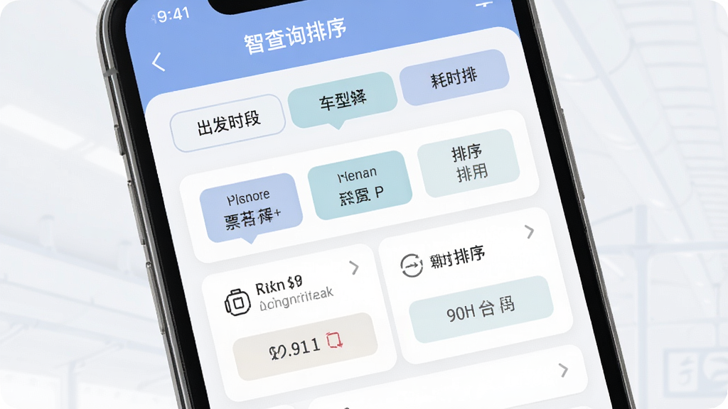 铁路高铁车票智查询筛选排序功能界面,手机屏幕展示筛选条件选项卡,包括出发时段、车型选择、耗时排序等按钮,界面采用卡片式布局,配色柔和,整体风格简约商务,画质清晰干净无多余元素