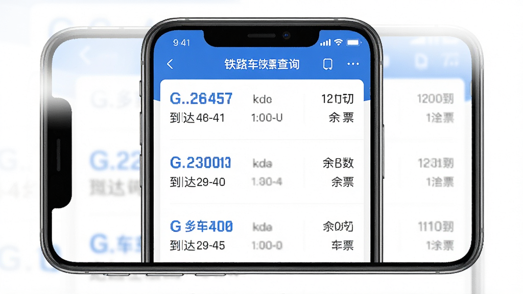 铁路高铁车票智查询实时车次动态查询功能展示,手机屏幕中显示多条高铁车次信息列表,包含G字头列车编号、出发到达时间、余票张数等数据,界面以蓝色为主色调,布局整齐清晰,背景为纯白色,画质干净无多余元素