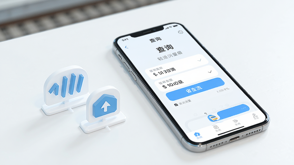 铁路高铁车票智查询轻量运行特点展示,画面中一部手机旁放置着信号图标和流量图标,手机屏幕显示简洁的查询界面,整体构图突出轻便省流量的概念,风格清新浅色,画质干净无多余元素