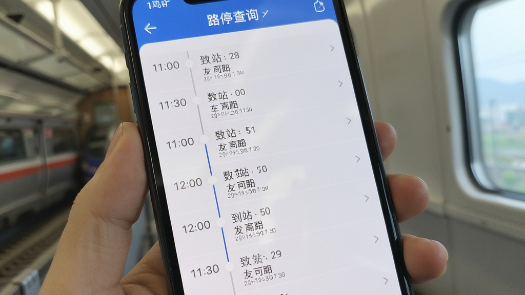 铁路高铁车票智查询经停站点信息展示,手机屏幕显示一趟高铁列车的沿途停靠站点列表,每个站点标注到站和发车时间,时间轴纵向排列,界面风格简洁明了,背景为浅色,画质清晰干净无多余元素