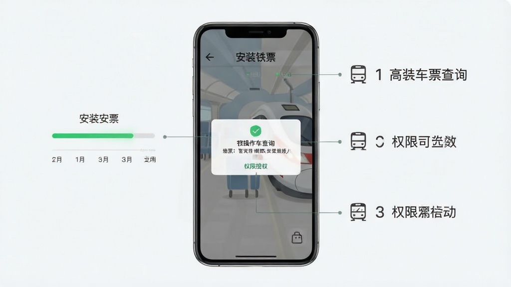 铁路高铁车票智查询移动端安装操作示意图,画面展示手机屏幕上安装进度条和权限授权弹窗,旁边配有简洁的步骤标注,整体风格清爽素雅,画质清晰干净无多余元素