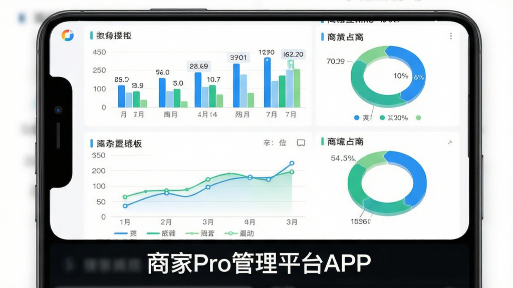 商家Pro管理平台APP数据看板界面,手机屏幕内展示柱状图、折线图与圆形占比图,图表颜色以蓝色和绿色为主,画面下方有“商家Pro管理平台APP”文字标识,布局为上下结构,风格为清爽数据可视化风格,细节包含数字标签与图例说明,画质清晰,画面干净,无多余元素