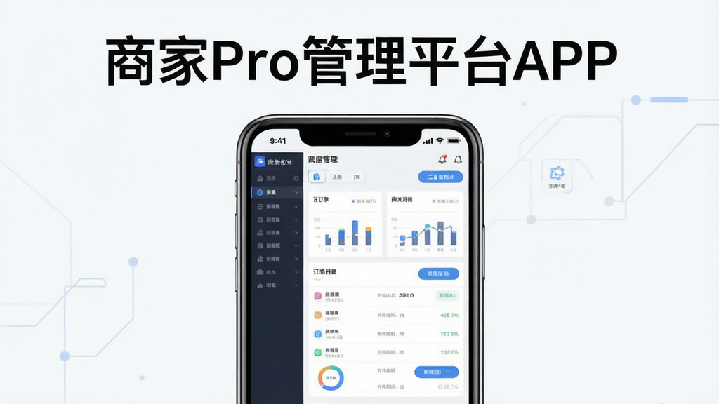 商家Pro管理平台APP主界面展示,画面上方放置软件名称“商家Pro管理平台APP”字样,主体为一部智能手机,屏幕内展示商家管理后台的数据看板与订单列表,布局采用居中构图,风格为简洁现代科技风,细节包含图标、数据图表与按钮元素,画质清晰,画面干净,无多余元素