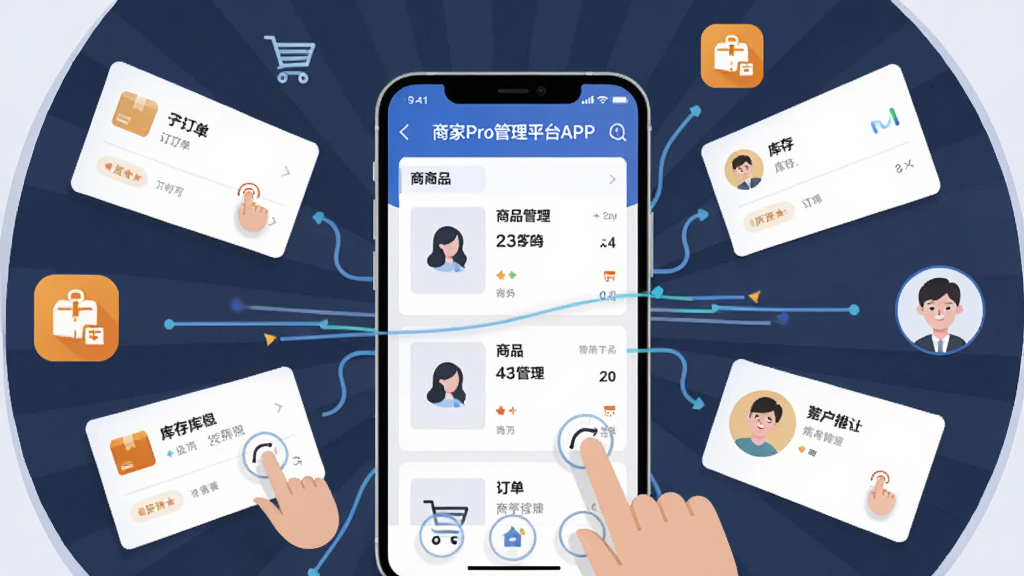 商家使用手机管理店铺的场景,画面中央为一部智能手机,屏幕显示“商家Pro管理平台APP”的商品管理界面,周围环绕订单卡片、库存图标与客户头像等元素,布局为放射状环绕主体,风格为扁平化商务插画,细节包含手势操作图标与数据流动线条,画质清晰,画面干净,无多余元素