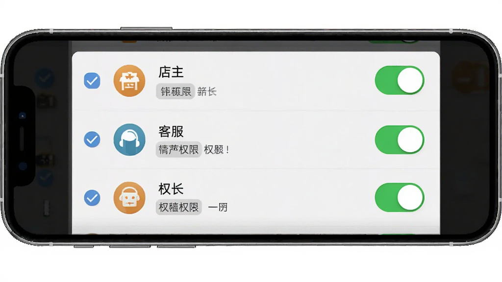 商家Pro管理平台APP权限设置界面,手机屏幕展示角色列表与权限开关按钮,画面中有店主、店长、客服等角色图标,布局为列表式排版,风格为简洁商务风,细节包含勾选框与权限标签,画质清晰,画面干净,无多余元素