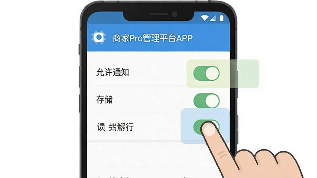 商家Pro管理平台APP安装权限设置示意图,画面展示安卓手机屏幕上的权限开关界面,带有“商家Pro管理平台APP”名称和允许通知、存储等选项,布局为手机界面截图风格,风格为简洁教程插图,细节包含手指点击动作与高亮提示框,画质清晰,画面干净,无多余元素