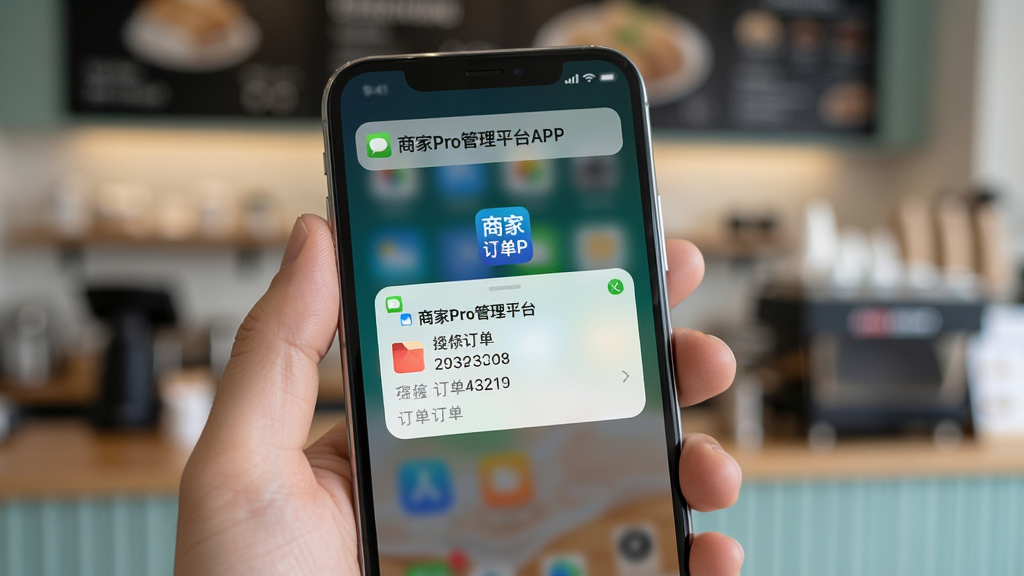 手机通知栏弹出商家Pro管理平台APP的订单提醒,画面主体为一只手拿着手机,屏幕显示新订单弹窗与“商家Pro管理平台APP”标识,背景为模糊的店铺场景,布局为手持特写,风格为写实摄影风,细节包含通知图标与订单编号,画质清晰,画面干净,无多余元素