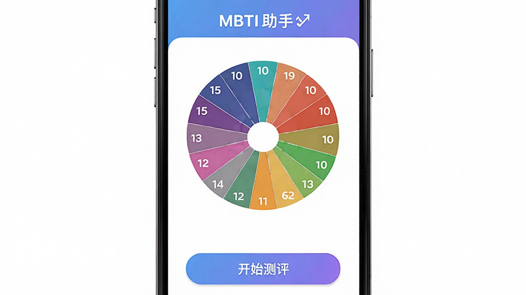 一张展示MBTI助手应用主界面的手机屏幕截图,画面中央是十六型人格彩色分布图,底部有开始测评按钮,整体风格清新简洁,配色以蓝紫渐变为主,背景干净无多余元素,高清画质,适合作为软件下载站展示图