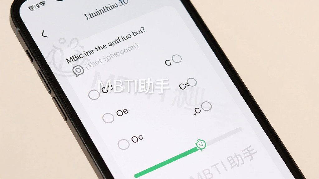MBTI助手快速测评界面展示,手机屏幕中显示一道选择题和进度条,界面风格清爽,带有MBTI助手字样水印,背景为柔和浅色,画质清晰干净