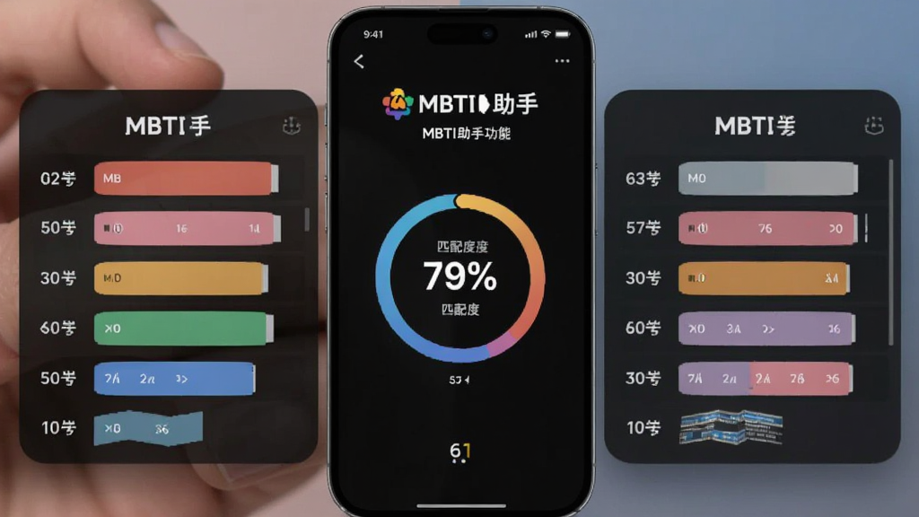 MBTI助手类型对比功能界面,手机屏幕左右分栏显示两种人格类型的对比图表,中间有匹配度百分比,界面设计现代感强,带有MBTI助手名称,画质细腻