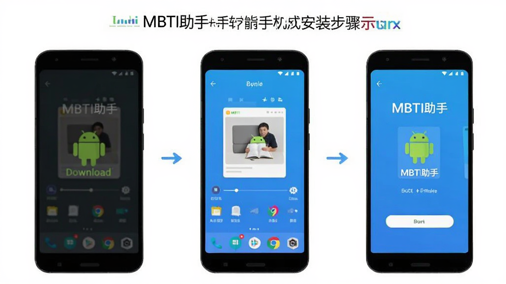 MBTI助手安卓手机安装步骤示意图,画面展示从下载到安装完成的三个手机界面,带有MBTI助手名称,风格简洁明了,高清干净