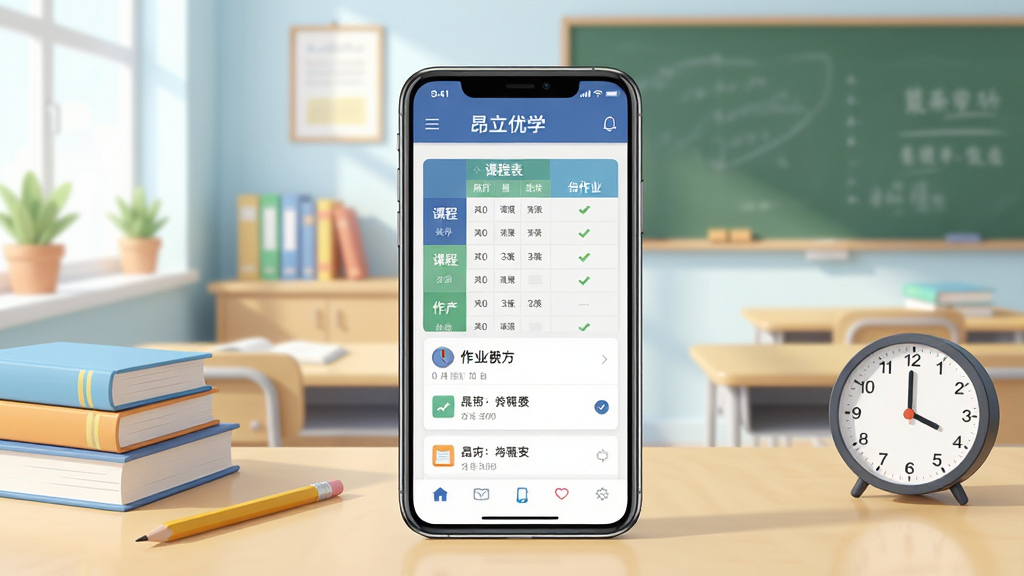 昂立优学学生软件主界面展示,画面中央是一部智能手机,屏幕显示课程表与作业列表,背景为明亮的教室场景,整体布局简洁清晰,风格为现代扁平化设计,细节包括书本、铅笔、时钟等学习元素点缀,画质高清干净,无多余杂乱元素