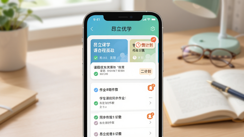 昂立优学学生课程同步与作业管理功能界面,画面展示手机屏幕内课程卡片与作业列表整齐排列,背景为柔和的书桌场景,布局采用上下分层结构,风格为清新教育风,细节包括打勾图标、倒计时标签、通知气泡,画质清晰,干净无杂乱