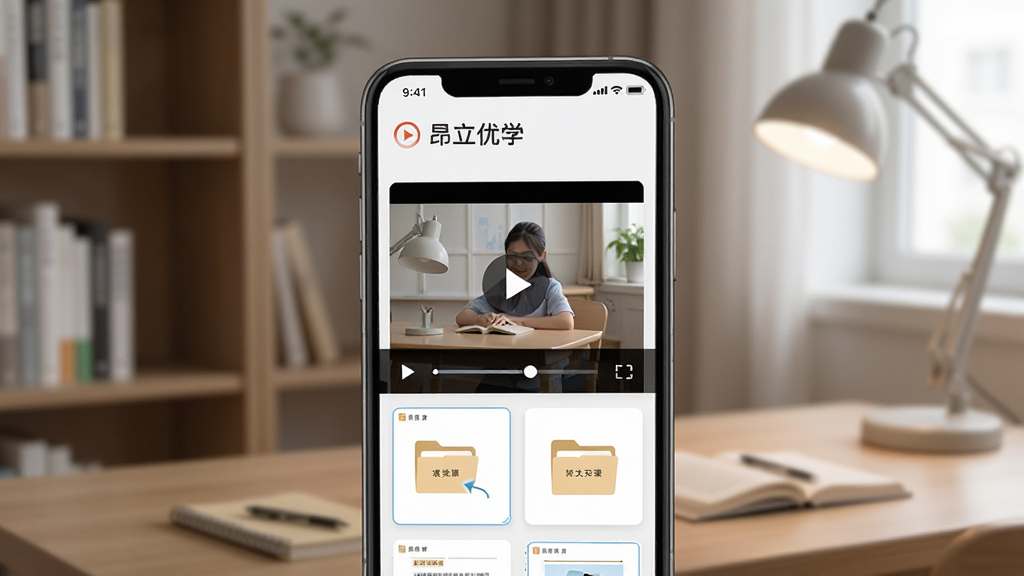 昂立优学学生学习资源回看功能界面,画面展示手机屏幕内视频播放器与课件缩略图,背景为安静的书房环境,布局采用网格排列,风格为现代简约风,细节包括播放按钮、进度条、文件夹图标,画质高清,干净无杂乱