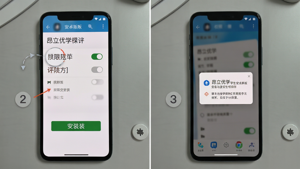 昂立优学学生安卓版安装与权限设置操作示意图,画面展示手机屏幕分步操作界面,背景为简洁的灰色桌面,布局为左右分栏步骤图,风格为教程图解风,细节包括权限开关、安装按钮、提示弹窗,画质清晰,干净无杂乱