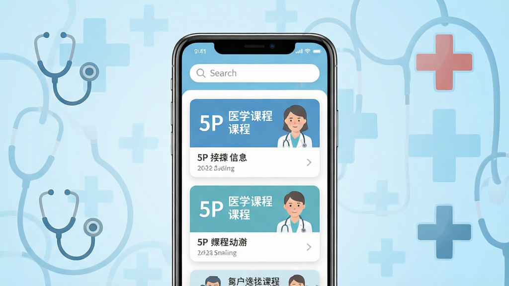 5P医学手机应用主界面,画面中央展示一部竖屏智能手机,屏幕内呈现医学课程卡片列表和顶部搜索栏,背景为浅蓝渐变医疗风格,主体突出手机与界面布局,排版居中对称,风格现代简约,细节包含听诊器图标与医学十字元素,画质高清,干净,无多余元素
