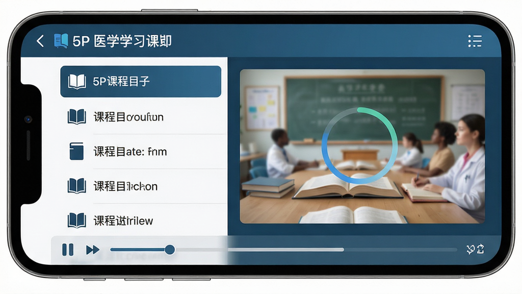 5P医学课程学习界面,画面主体为手机屏幕显示课程目录与播放进度条,布局为左侧课程列表右侧内容预览,风格清爽学术风,细节包含书本图标与进度环,画质高清,干净,无多余元素