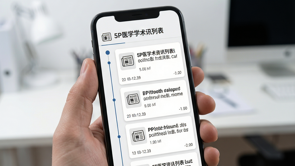 5P医学学术资讯列表,画面主体为手机屏幕显示资讯卡片与时间线,布局为垂直滚动列表,风格新闻阅读风,细节包含报纸图标与时间戳,画质高清,干净,无多余元素