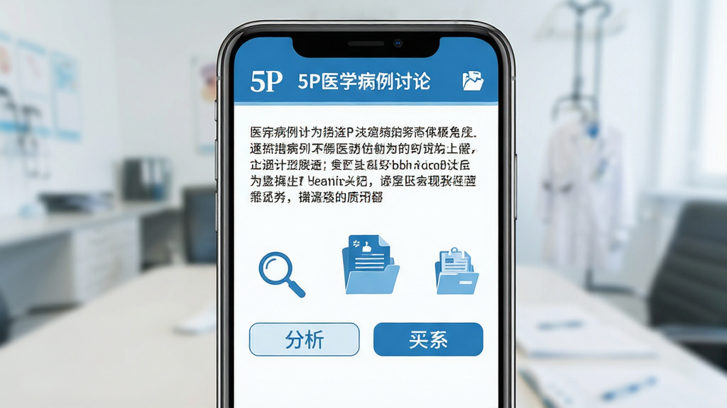 5P医学病例讨论页面,画面主体为手机屏幕展示病例描述与选项按钮,布局上下结构,上方病例文本下方分析标签,风格医疗蓝白配色,细节包含放大镜与病历夹图标,画质高清,干净,无多余元素