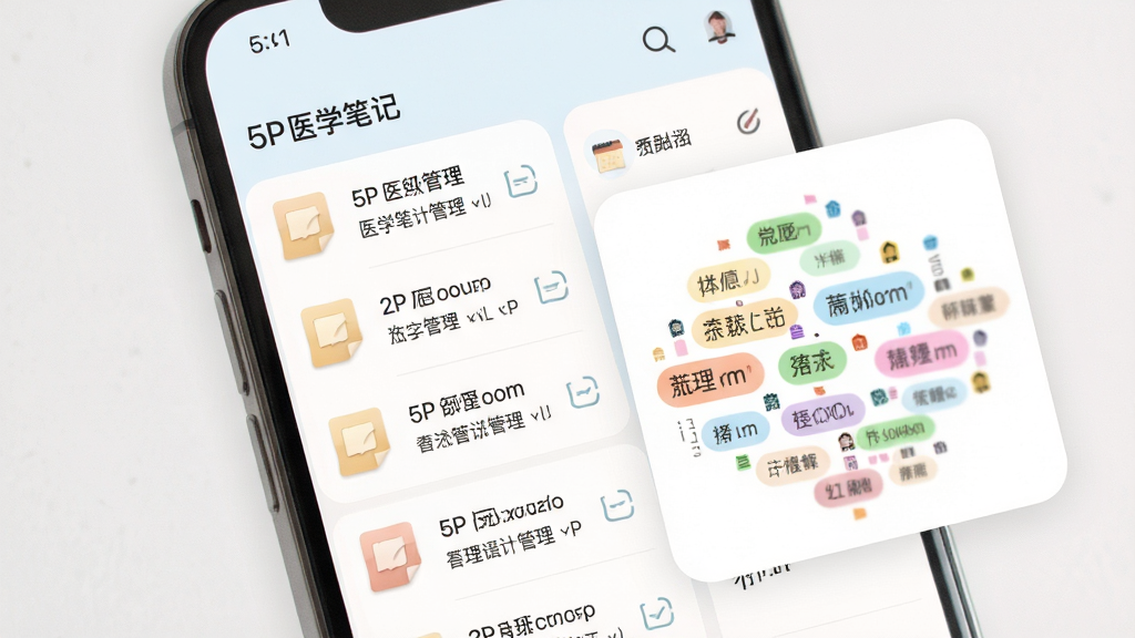 5P医学笔记管理界面,画面主体为手机屏幕展示笔记列表与标签云,布局为左标签右笔记内容,风格柔和浅色,细节包含便签图标与彩色标签,画质高清,干净,无多余元素