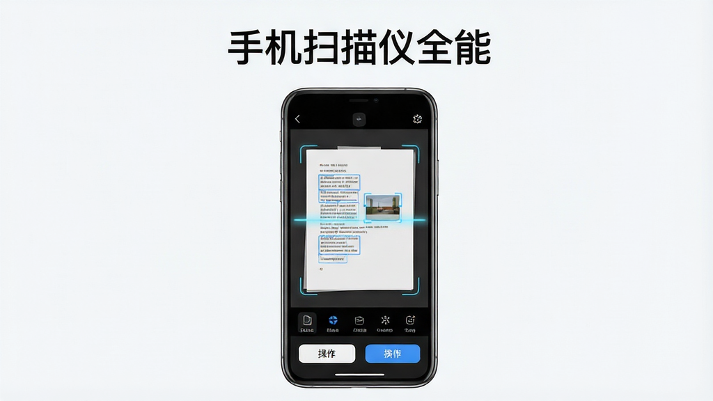 手机扫描仪全能应用界面展示,主体为一台智能手机屏幕中显示扫描完成的文档与文字识别结果,布局采用居中构图,上方为应用名称“手机扫描仪全能”文字,中间为扫描预览界面与功能图标,下方为操作按钮,排版简洁清晰,风格为现代科技感扁平化设计,细节包含文档纸张、扫描光线、文字识别框等元素,画质高清,画面干净,无多余元素
