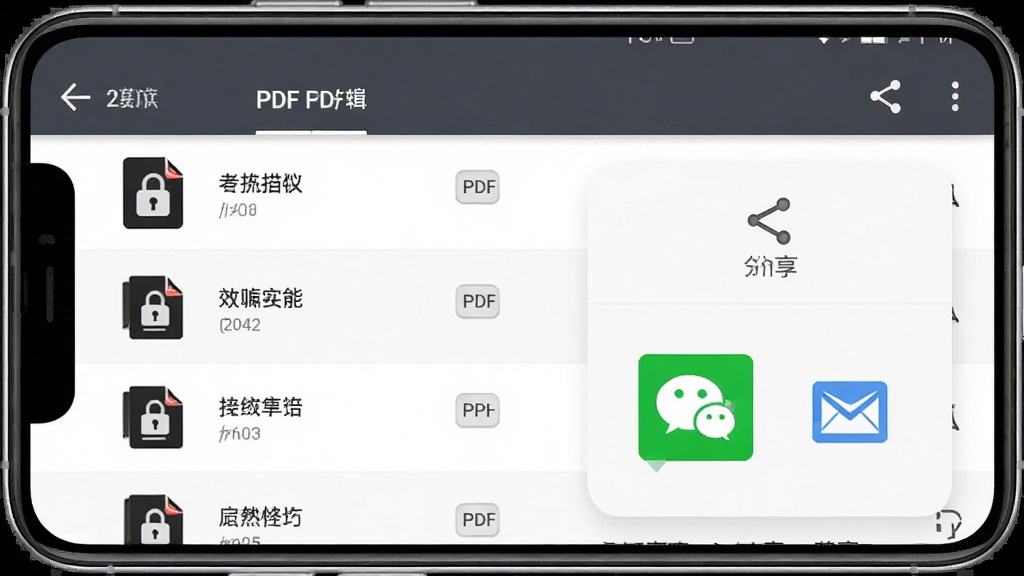 手机扫描仪全能PDF编辑与分享界面,主体为手机屏幕显示PDF文件列表与分享菜单,布局为列表式排版,风格为高效办公风格,细节包含文件图标、加密锁标识、微信与邮件分享按钮,画质高清,画面干净,无多余元素