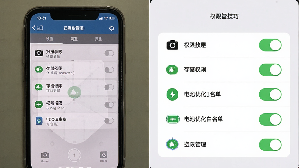 手机扫描仪全能使用技巧示意图,主体为手机屏幕显示扫描设置界面与权限管理页面,布局为左右分栏,左侧为设置选项,右侧为权限开关,排版清晰,风格为教程指引风格,细节包含相机权限、存储权限、电池优化白名单等图标,画质高清,画面干净,无多余元素