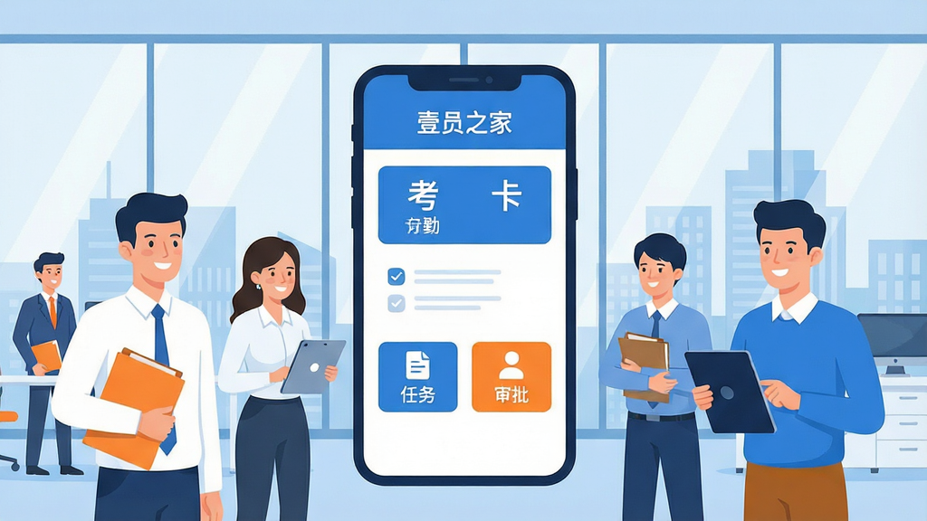 一幅简洁明亮的现代企业办公场景插画,画面中央是一部智能手机,手机屏幕上清晰显示“壹员之家”应用界面,界面包含考勤打卡、任务列表、审批图标等元素。手机周围环绕着几位身着商务休闲装的职场人士,他们面带微笑,手持文件夹或平板电脑,背景是通透的落地窗与城市天际线。整体布局采用中心构图,风格为扁平化商务插画,色彩以蓝白为主,点缀少量橙色活力元素,细节干净利落,画质清晰,无多余杂乱元素。