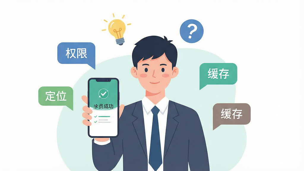 一幅描绘“壹员之家”新手使用指南的示意图,画面主体是一位年轻职场人手持手机,手机屏幕显示打卡成功页面,人物头顶有灯泡图标与问号图标,周围漂浮着“权限”“定位”“缓存”等关键词气泡。布局为人物居中,气泡环绕,风格为扁平化科技插画,色彩清爽,画质干净,无多余背景元素。