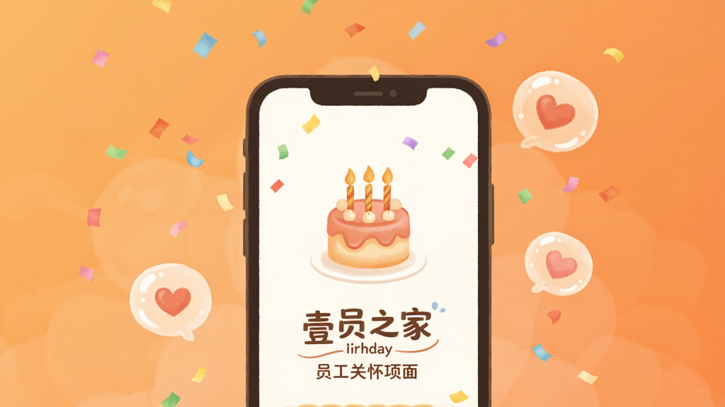 一张温馨风格的“壹员之家”员工关怀页面插画,画面中手机屏幕显示生日蛋糕图标与祝福文字,周围飘落彩色纸屑与爱心气泡。背景为暖橙色渐变,风格柔和治愈,画质细腻,排版居中,画面干净无杂乱。