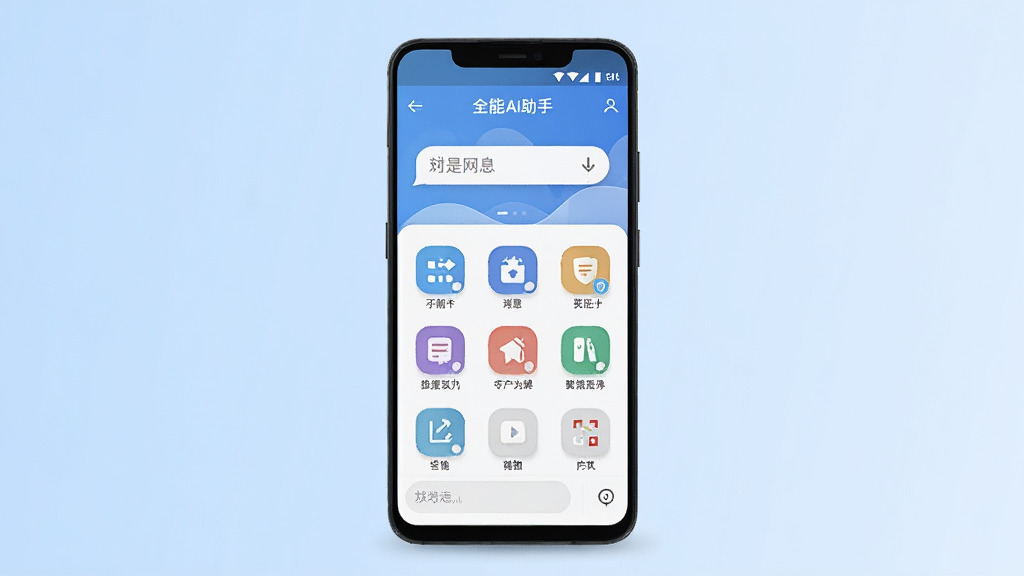 一张展示全能AI助手手机应用界面的竖版宣传图,主体是一部安卓手机,屏幕中显示全能AI助手应用主界面,界面包含对话输入框和功能分类图标,布局居中,背景为浅蓝色渐变,风格简洁现代,细节包括圆角图标与柔和阴影,画质清晰,干净,无多余元素
