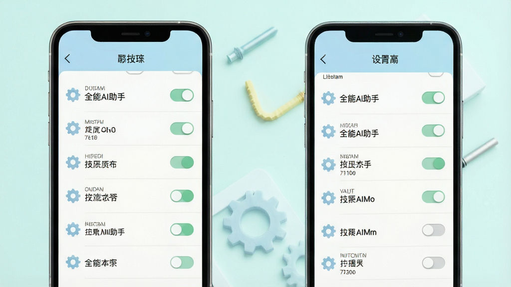 一张全能AI助手移动端使用技巧示意图,主体为手机屏幕显示应用设置页面,布局为纵向列表排版,风格为清新浅色,细节包括齿轮图标与开关按钮,画质清晰,干净,无多余元素
