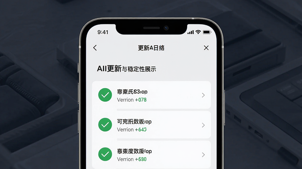 一张全能AI助手版本更新与稳定性展示图,主体为手机屏幕中显示更新日志页面,布局为上下结构,风格为简约商务风,细节包括绿色对勾图标与版本号文字,画质清晰,干净,无多余元素