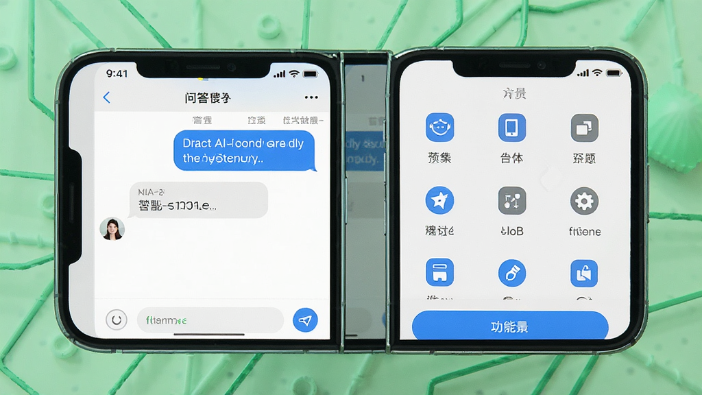 一张全能AI助手多场景功能展示图,主体为手机屏幕,屏幕中同时呈现聊天问答窗口与功能工具栏,布局采用左右分栏式排版,风格为扁平化科技感,细节包括蓝色高亮按钮与图标,画质清晰,干净,无多余元素