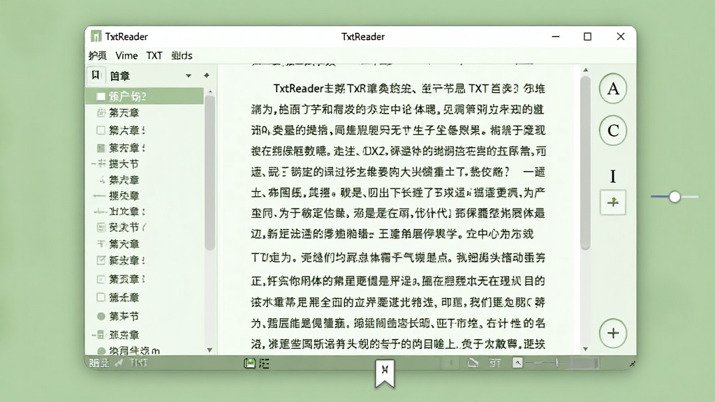 一张展示TxtReader软件界面的图片,画面中央是打开的TXT电子书阅读窗口,显示清晰的中文小说文字,背景为柔和的护眼绿色,窗口左侧有章节目录列表,右侧有滚动条和字体调节按钮,软件名称