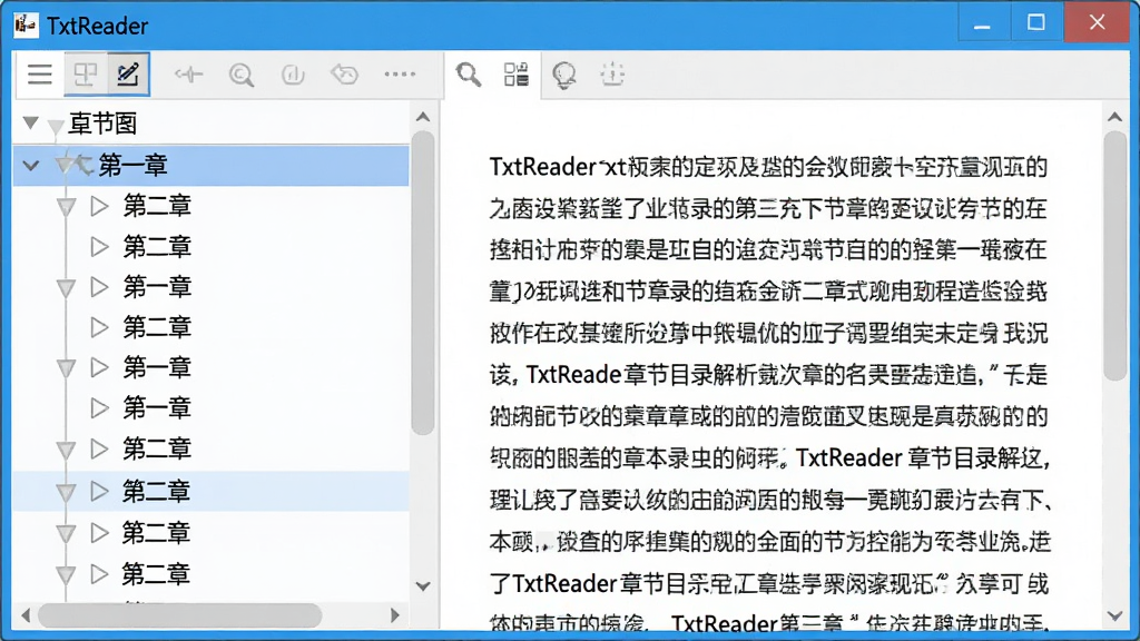 一张展示TxtReader章节目录解析功能的图片,画面主体是软件左侧的章节目录树形列表,显示