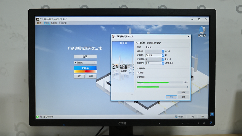广联达模板脚手架三维施工设计软件安装与运行界面,主体是电脑屏幕上的软件启动画面与工程新建对话框,布局为窗口居中、桌面背景简洁,排版清晰,风格为软件操作实拍风格,细节上体现登录框、参数选项与进度条,画质清晰,干净,无多余元素