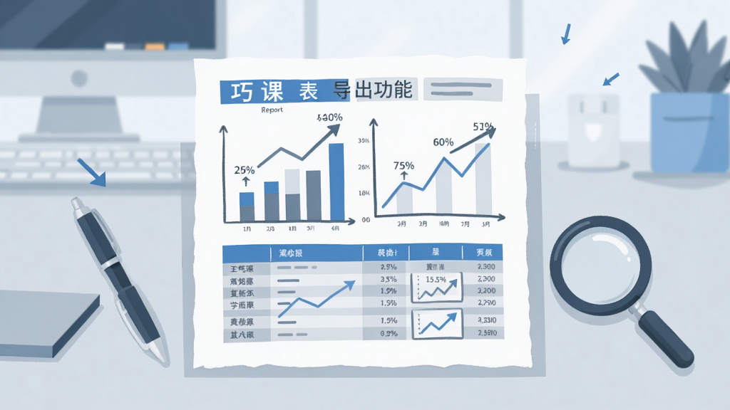 软件名称“巧课”数据报表导出功能,画面中央为一份展开的纸质报表,报表上有柱状图、折线图与数据表格,旁边有一支笔和一个放大镜,背景为简洁的办公室桌面,整体风格为扁平化信息图插画,色调以蓝色和灰色为主,细节包括百分比标签与趋势箭头,画质清晰,无多余元素