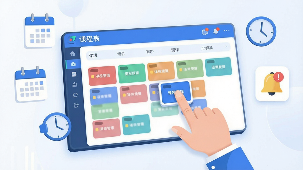 软件名称“巧课”课程管理功能展示,画面主体为一块悬浮的电子课程表,表格中分布着不同颜色的课程方块,一只手正在拖动其中一个方块进行调课操作,周围环绕着日历图标、时钟图标与通知铃铛图标,整体为现代扁平化UI风格,色调清爽以蓝色和白色为主,细节清晰,画质干净,无多余元素