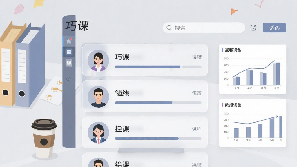 软件名称“巧课”学员档案管理界面,画面展示一个半透明的信息卡片列表,每个卡片上有人物头像、姓名标签与课程进度条,背景为浅灰色工作台,桌面上有文件夹与咖啡杯,整体风格为简约商务插画,色调柔和,细节包括搜索框、筛选按钮与数据图表,画质清晰,无多余元素
