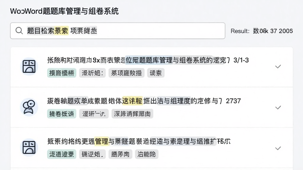 ������Word�����������ϵͳ��Ŀ�������ҳ�棬����Ϊ�����������·��б�չʾƥ����Ŀ���Ű�ÿ����Ŀ�����ʾ����ͼ���Ҳ���ʾ���ժҪ�ͱ�ǩ�����Ϊ���ż���磬ϸ�ڰ�������������ʾ�ؼ��ʸ����ͽ������ͳ�ƣ����ʸ���ɾ��޶���Ԫ��